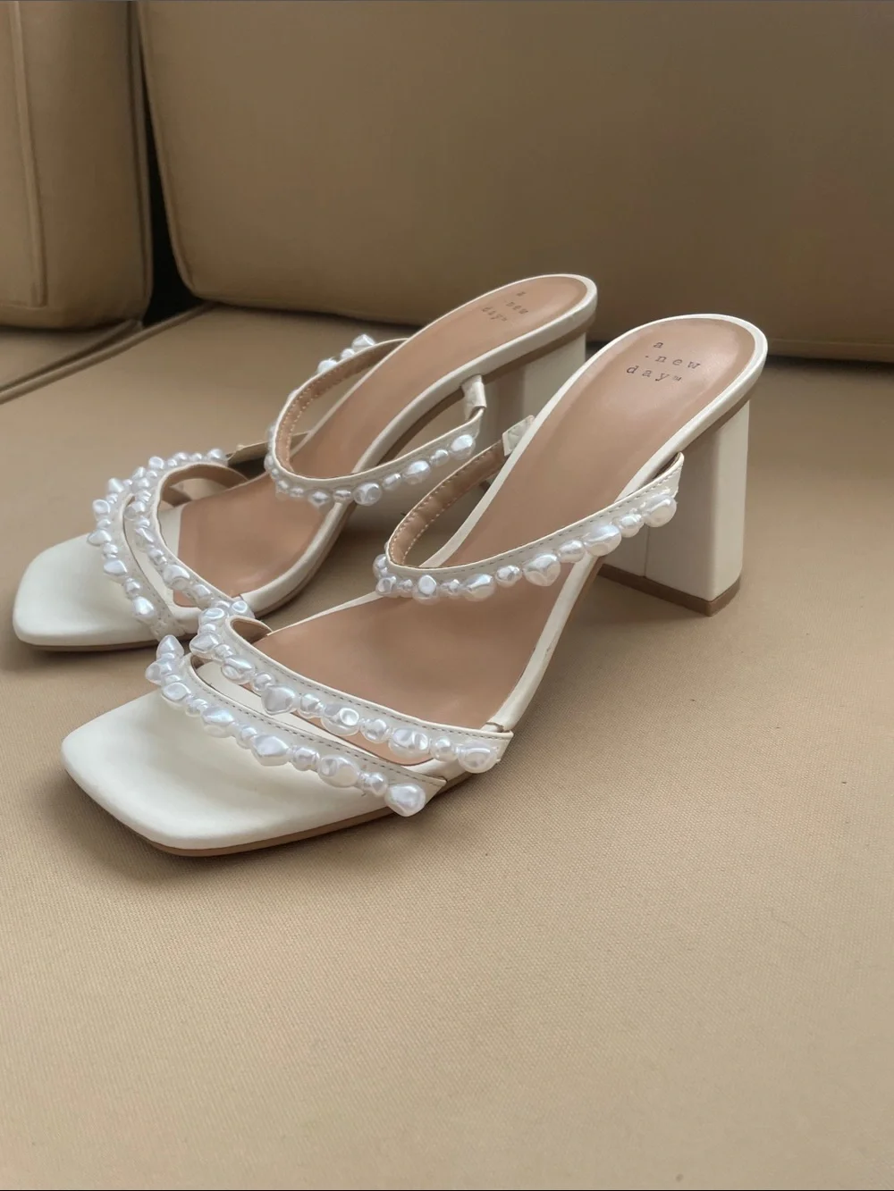 a new day Pearl-Embellished Cream Strappy Mules